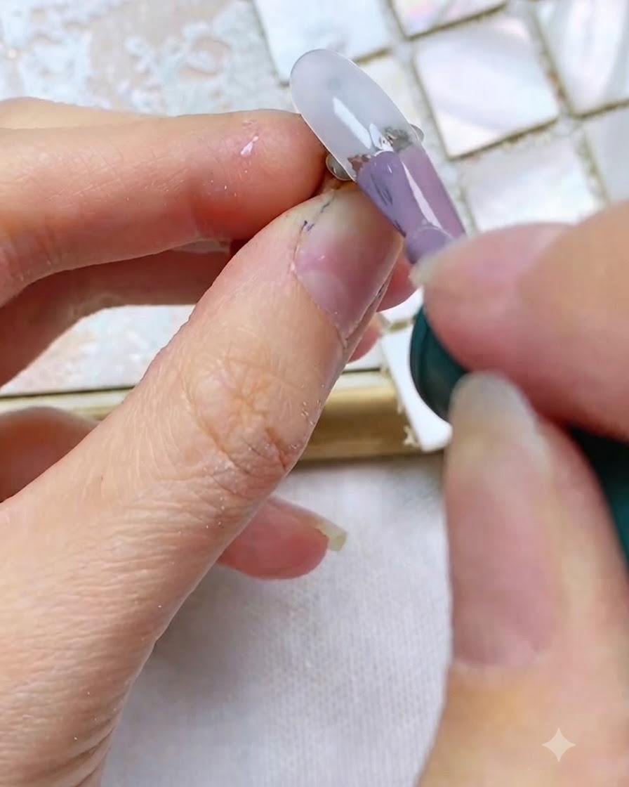 Un pincel de uñas aplicando una capa gruesa de gel gris morado en el centro de una punta de uña blanca translúcida.