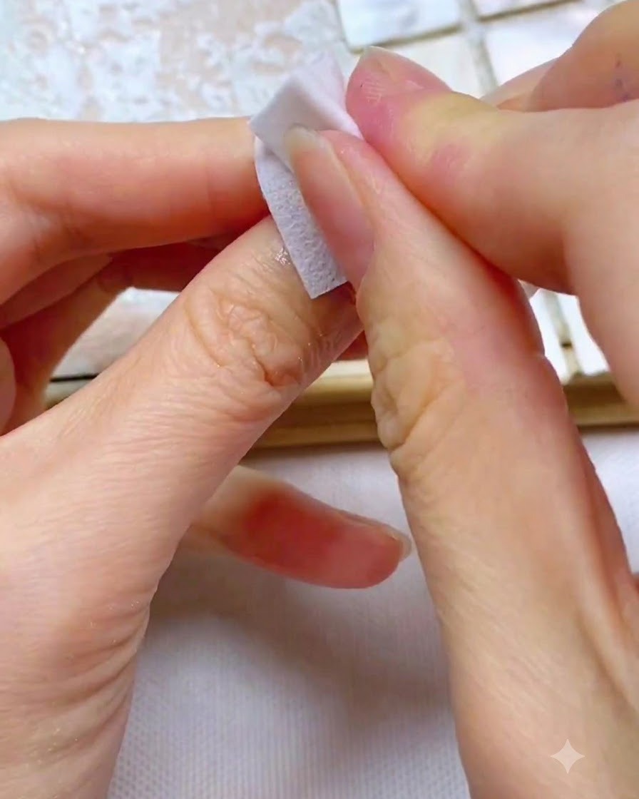 Dedos usando una toallita sin pelusa blanca para limpiar a fondo el gel gris morado de la placa ungueal.