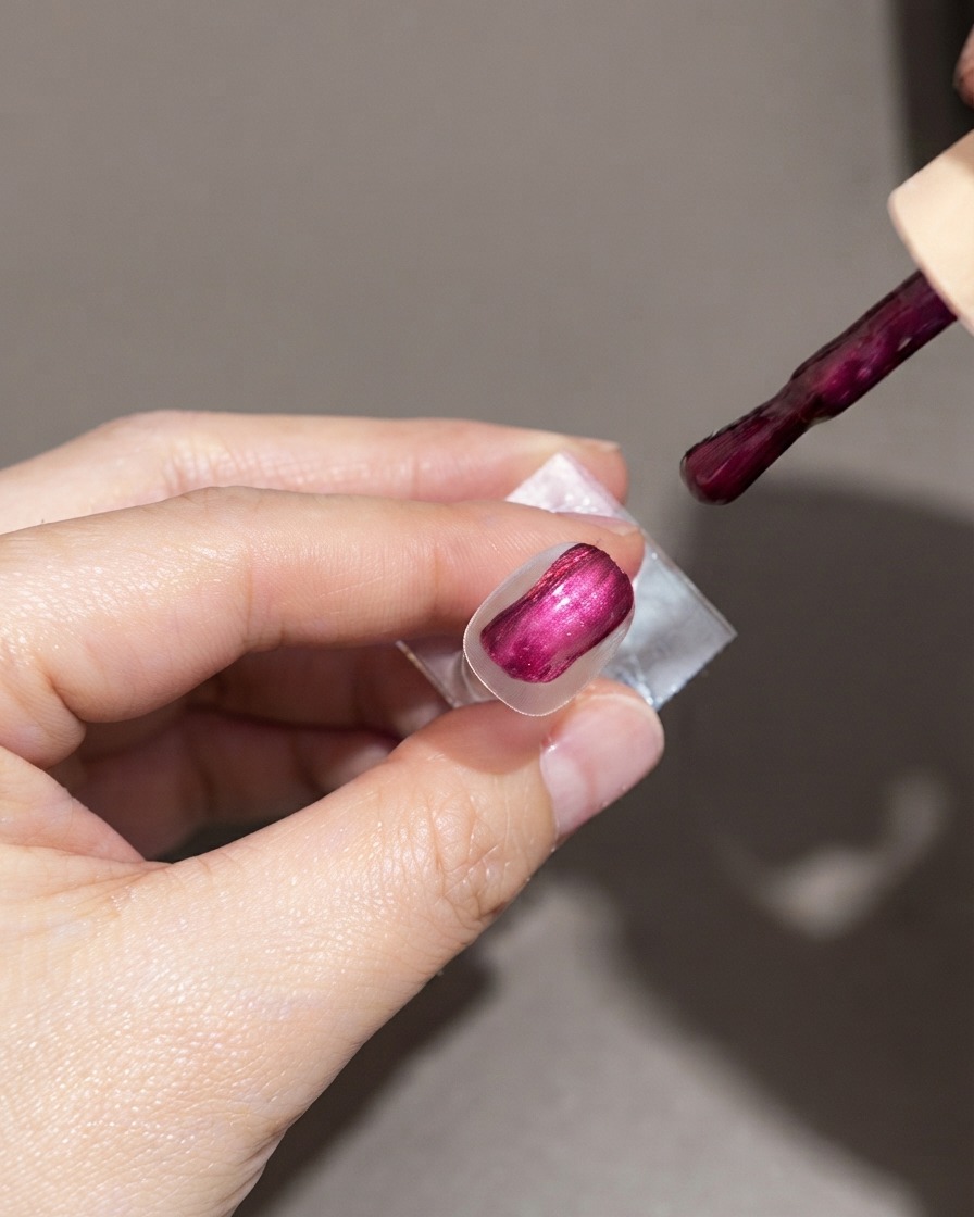 La punta de una uña completamente cubierta con esmalte de gel morado oscuro brillante, con el pincel de aplicación cerca.