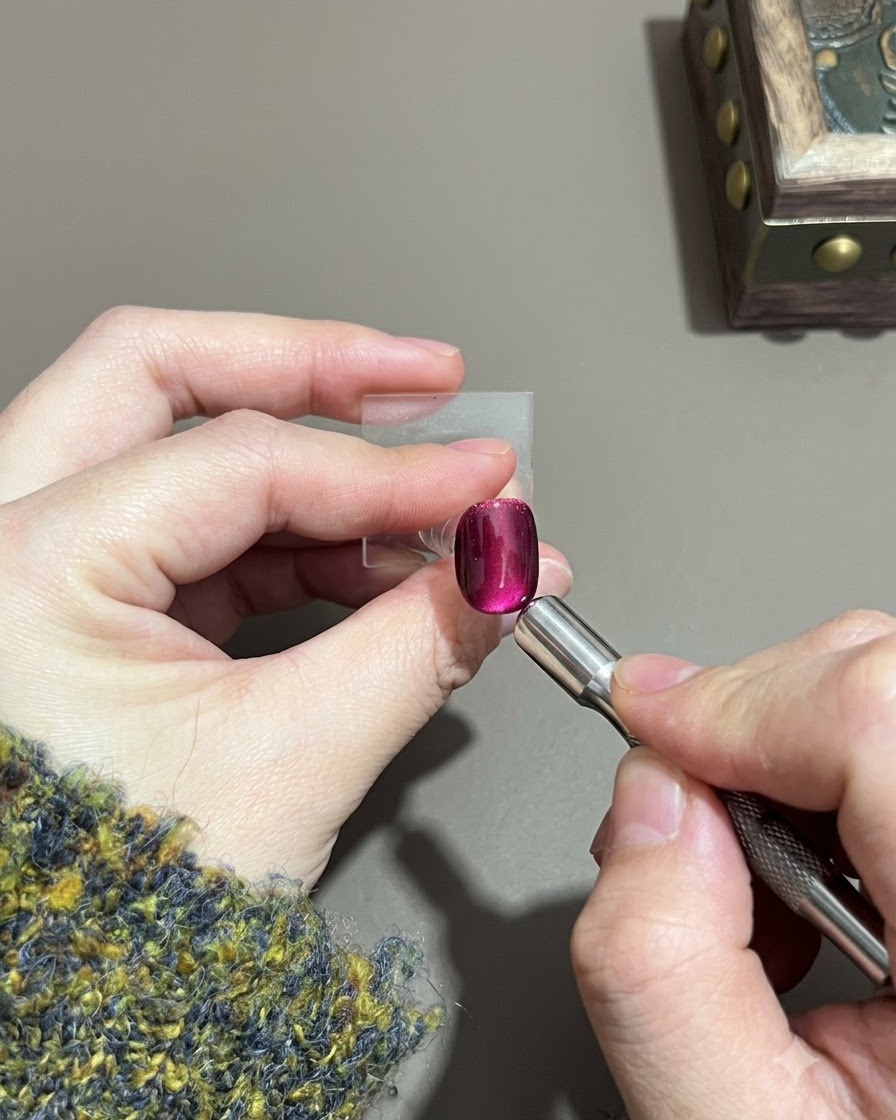 Un imán siendo empujado hacia arriba a lo largo de la superficie de una uña de gel morada.
