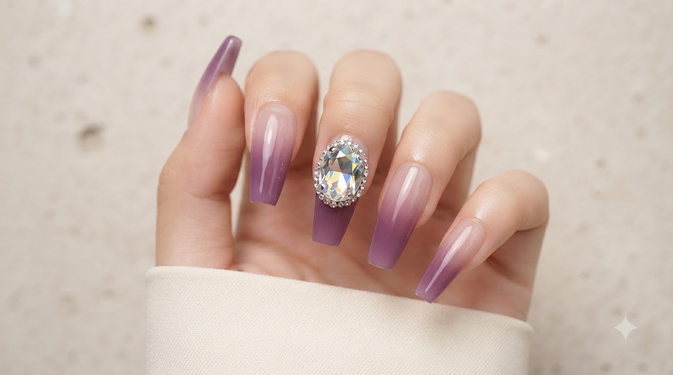 Uñas Postizas con Degradado Morado Taro y Gema de Cristal: Tutorial Paso a Paso
