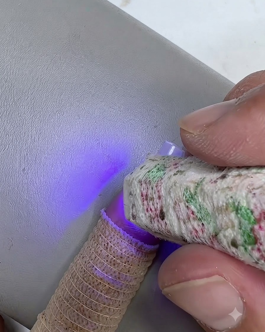 Un primer plano de una mini lámpara UV LED portátil brillando de color púrpura mientras cura gel transparente en una uña natural.