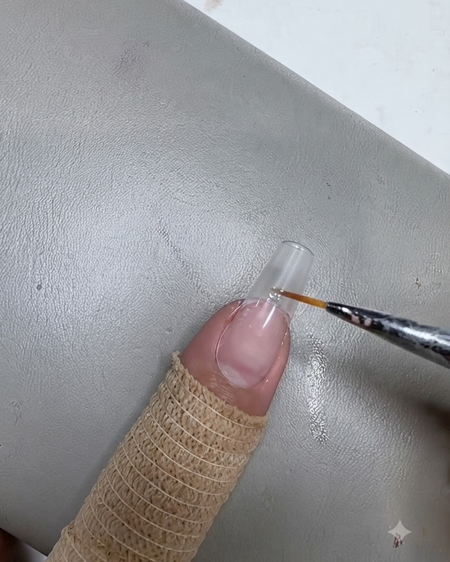 Un pincel delineador fino aplicando una tira de gel transparente horizontalmente a lo largo del borde libre de una uña natural preparada.