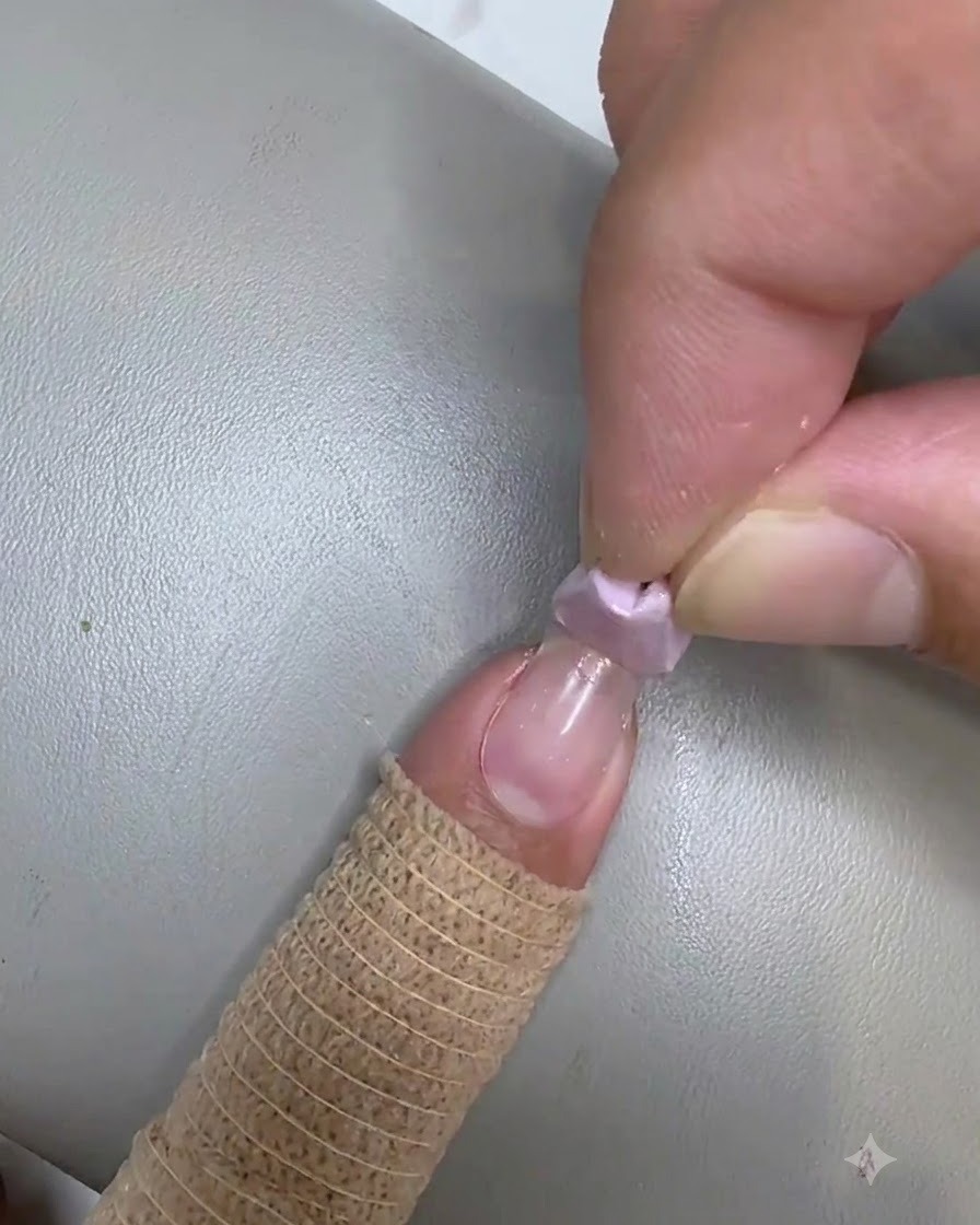 Una pequeña esponja de maquillaje utilizada para dar toquecitos con gel transparente en la punta de una uña.