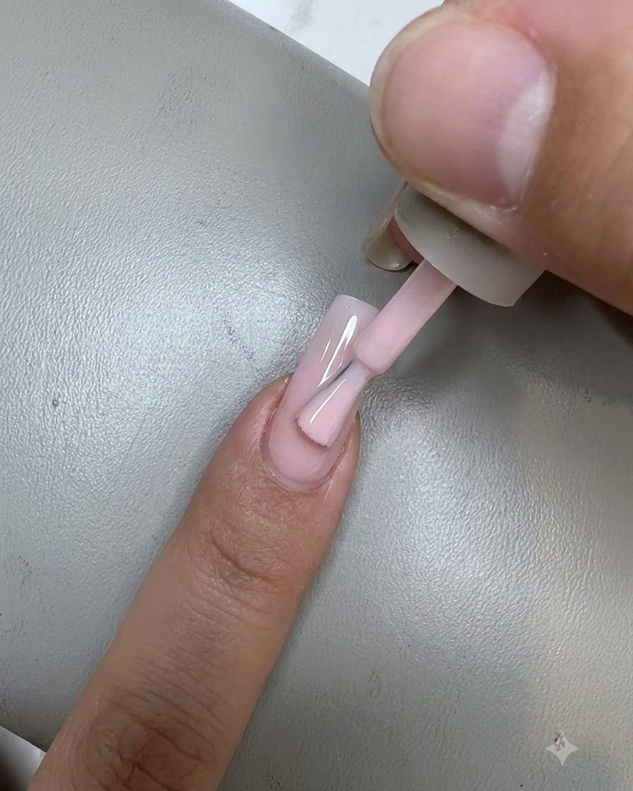 Un pincel de esmalte de uñas aplicando una capa suave de gel rosa nude en una uña, barriendo desde la cutícula hacia la punta.