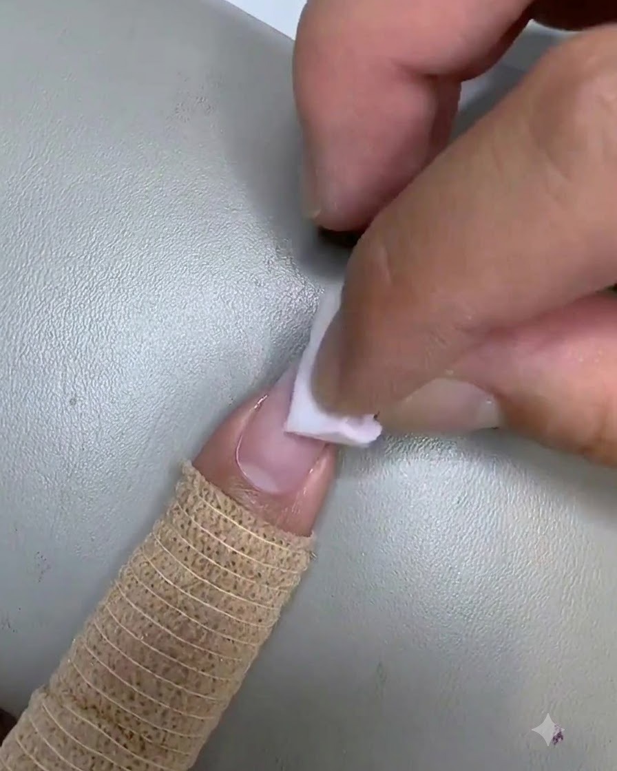 Una esponja pequeña aplicando gel rosa a toquecitos sobre la superficie de la uña durante el paso de creación del degradado.