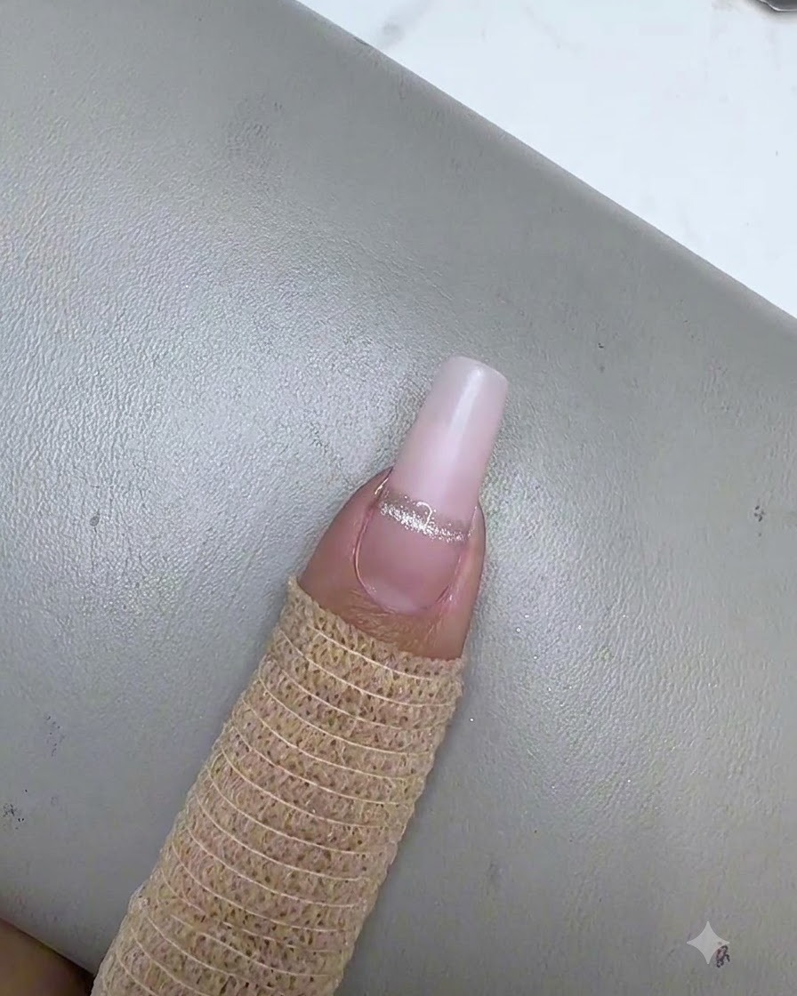 Una mini lámpara UV LED púrpura curando una sola raya de gel cat eye plateado en una uña de gel rosa nude.