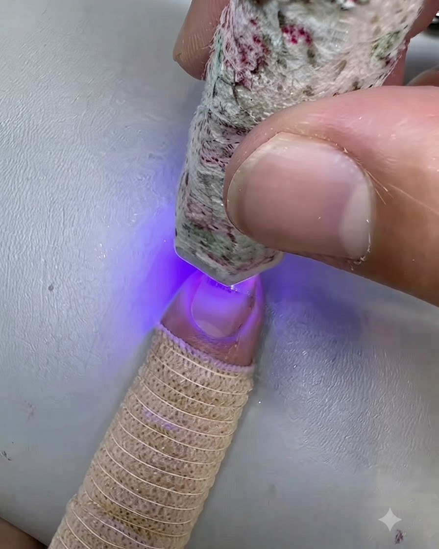 Una mini lámpara UV LED curando la raya cat eye rosa en la uña.