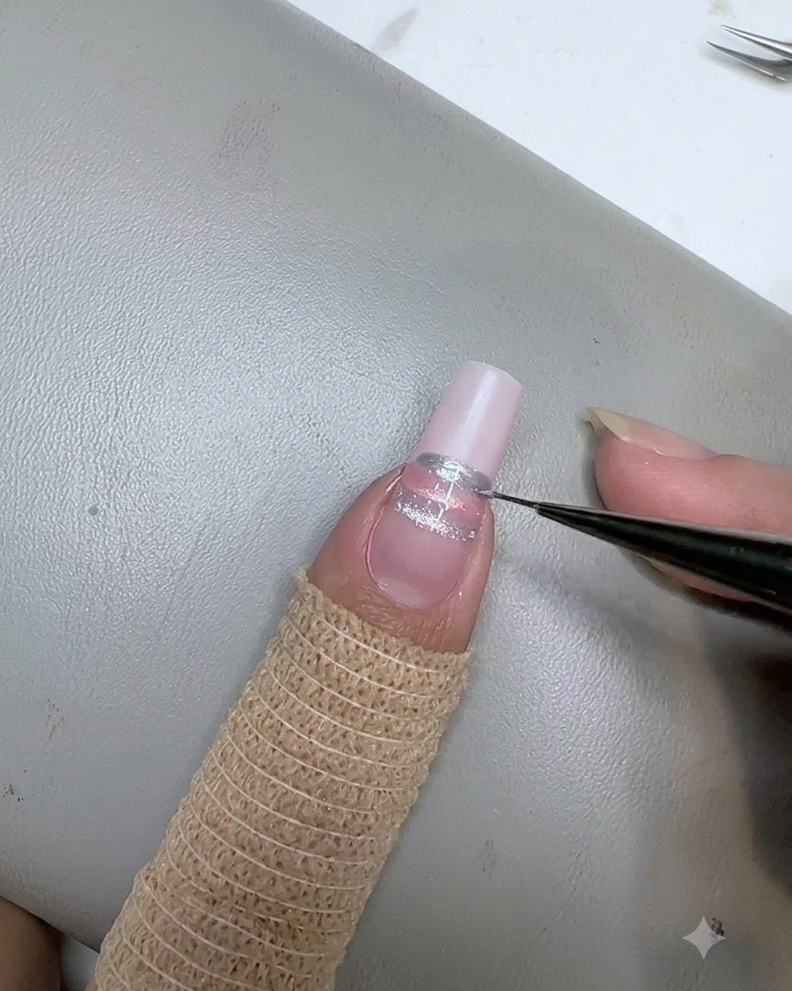 Un pincel delineador pintando una tercera raya horizontal azul debajo de la raya rosa en la uña.