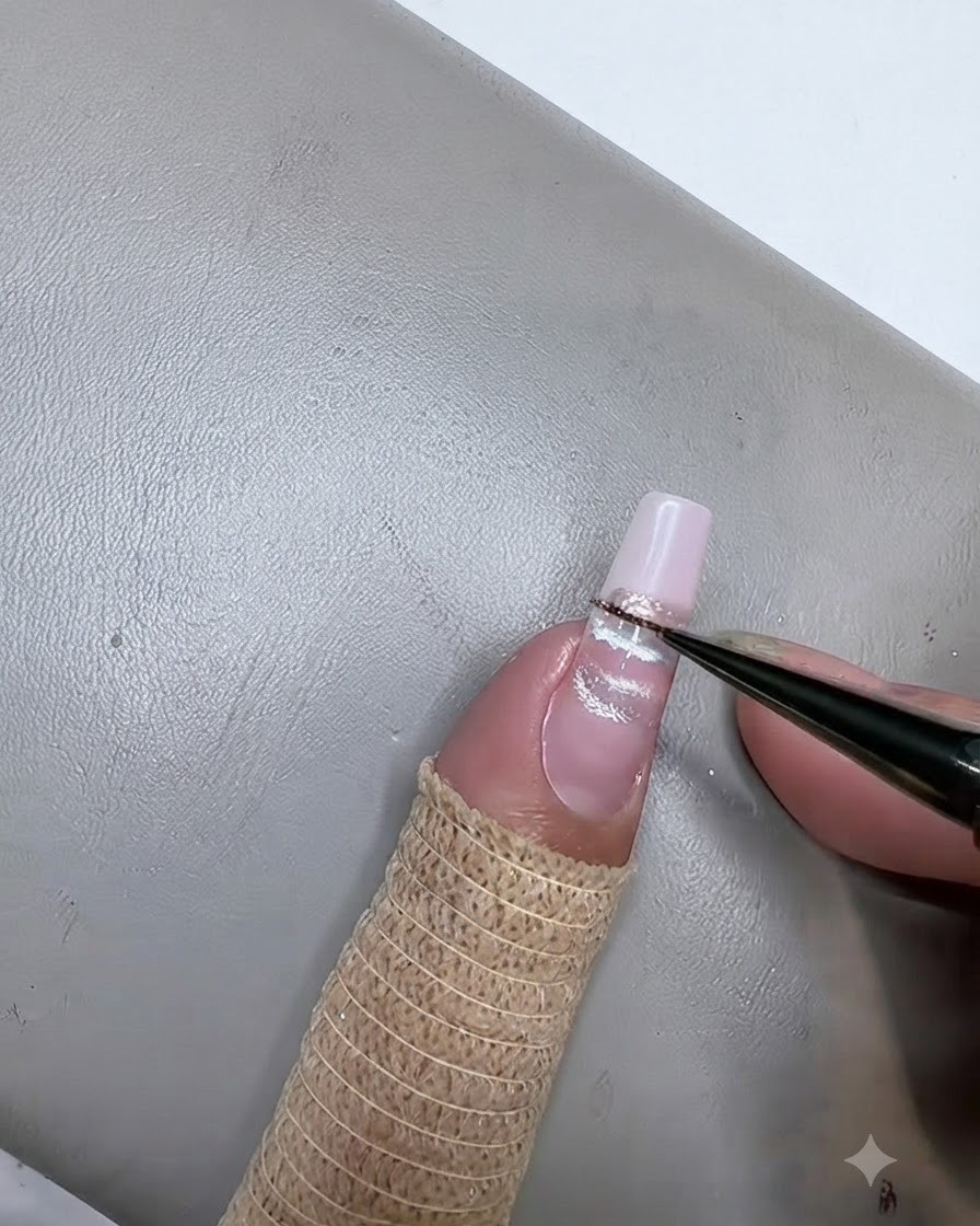 Un pincel delineador fino aplicando una raya de gel cat eye color champán horizontalmente a través de la uña.