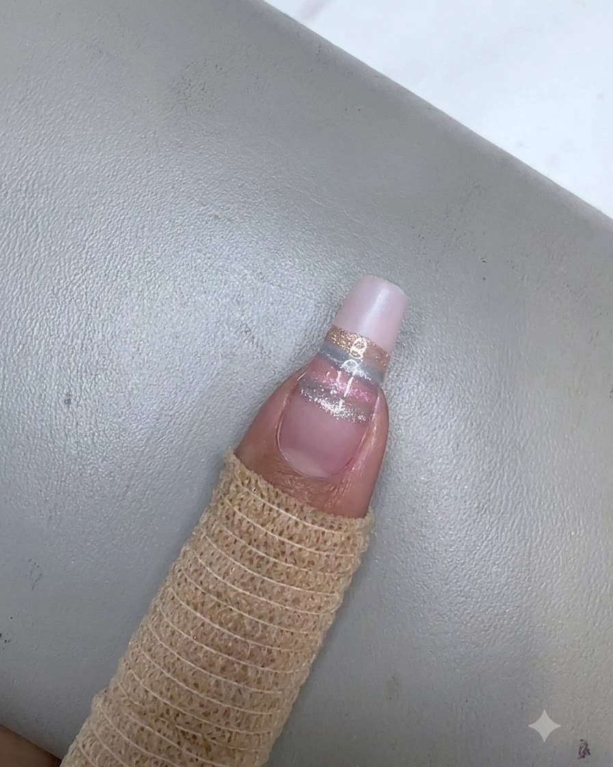 Un imán rectangular sostenido encima de la raya cat eye champán para alinear el brillo magnético.