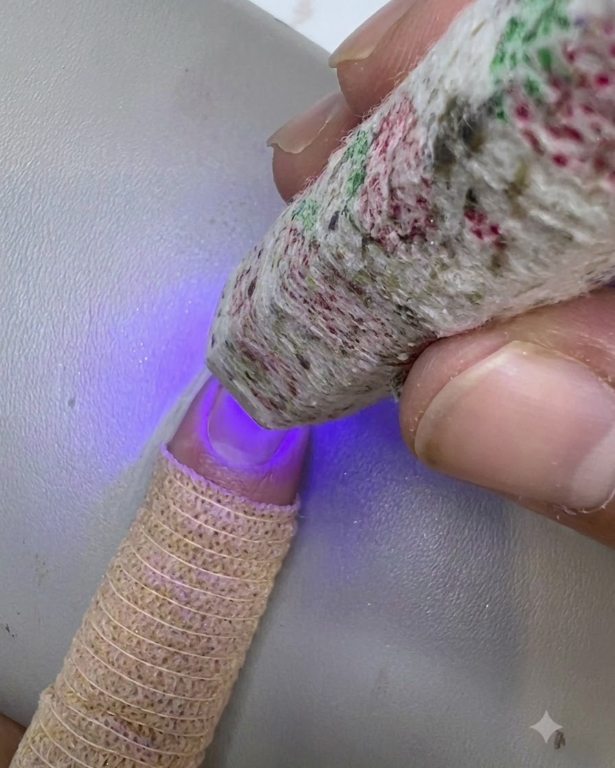Una mini lámpara UV LED curando el top coat en una uña decorativa terminada.