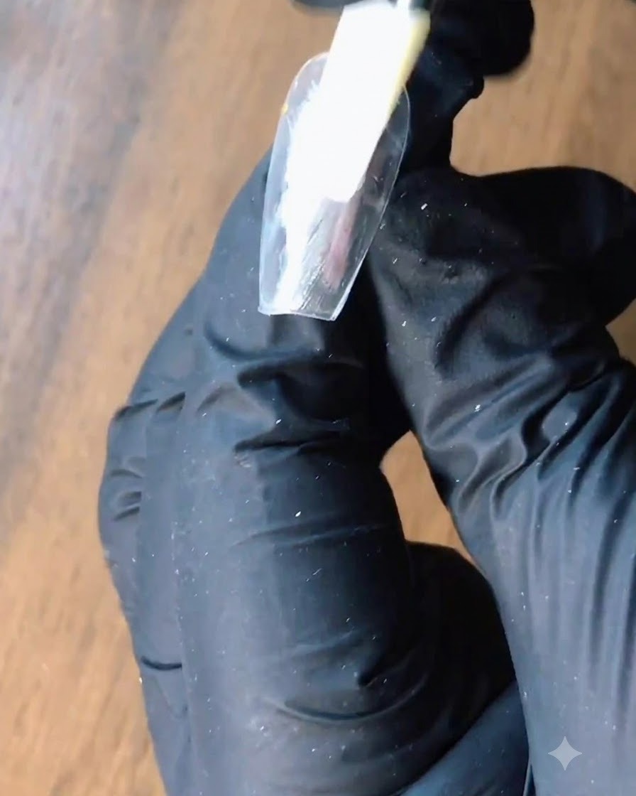 Un aplicador de esponja para sombras aplicando polvo plateado sobre una uña.