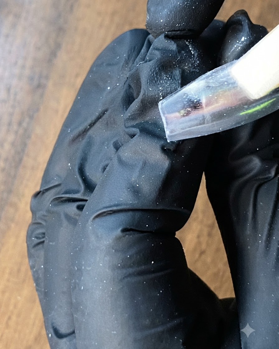 Un primer plano de una esponja presionando polvo plateado sobre la superficie de una uña.