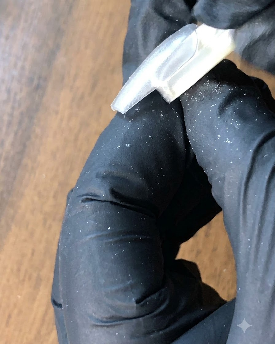 Un cepillo para polvo eliminando los restos de polvo plateado suelto de una uña.