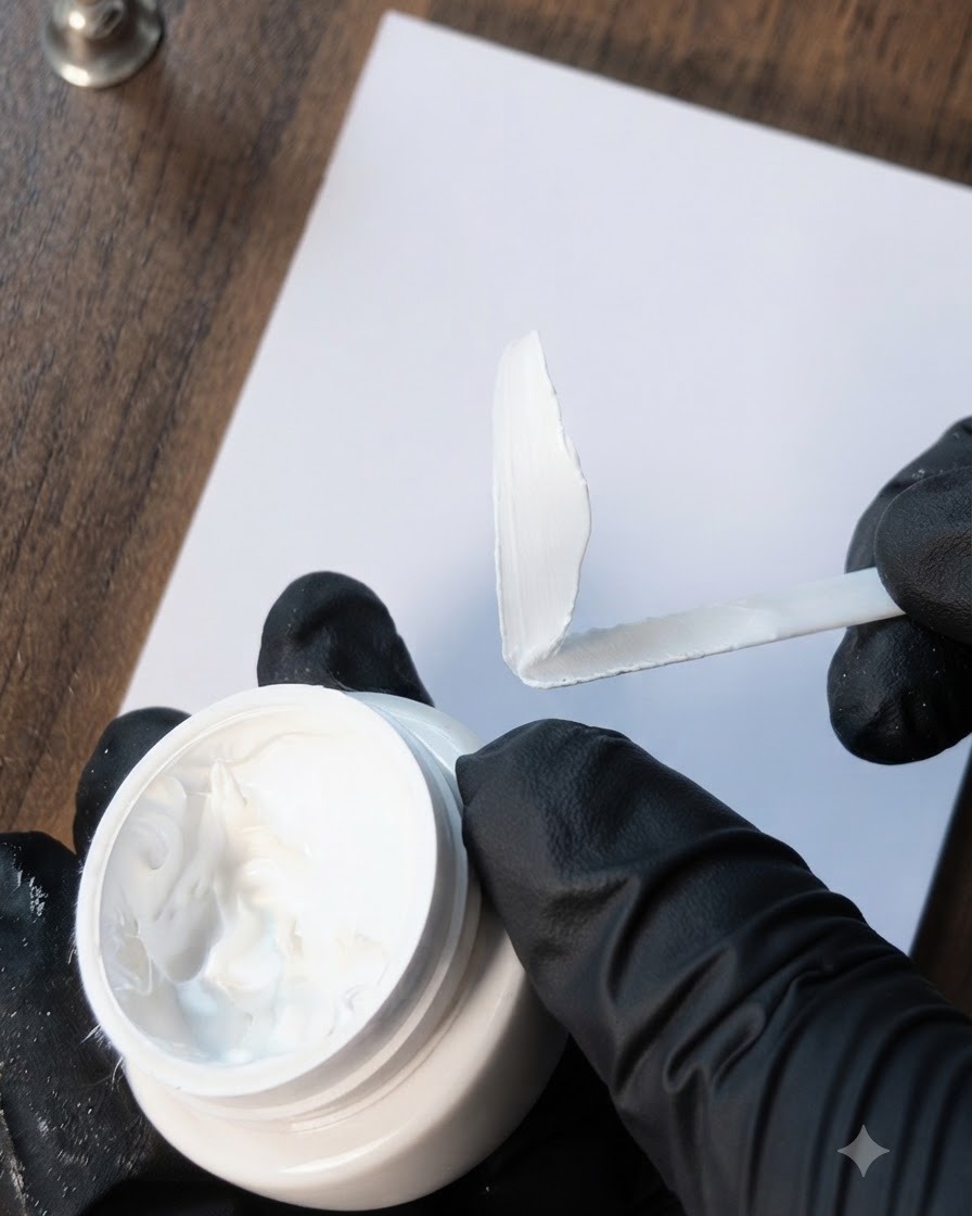 Una mano con guante usando una espátula para esparcir y dar toques de gel de pintura blanco en una paleta de mezclas limpia.