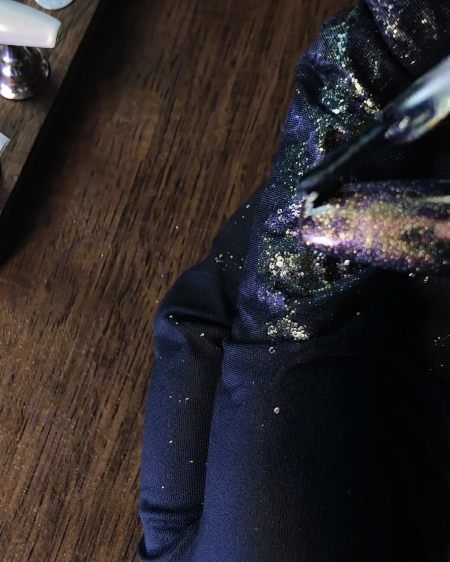 Un pincel para uñas aplicando un top coat transparente sobre un diseño terminado de uñas con degradado blanco y plateado.