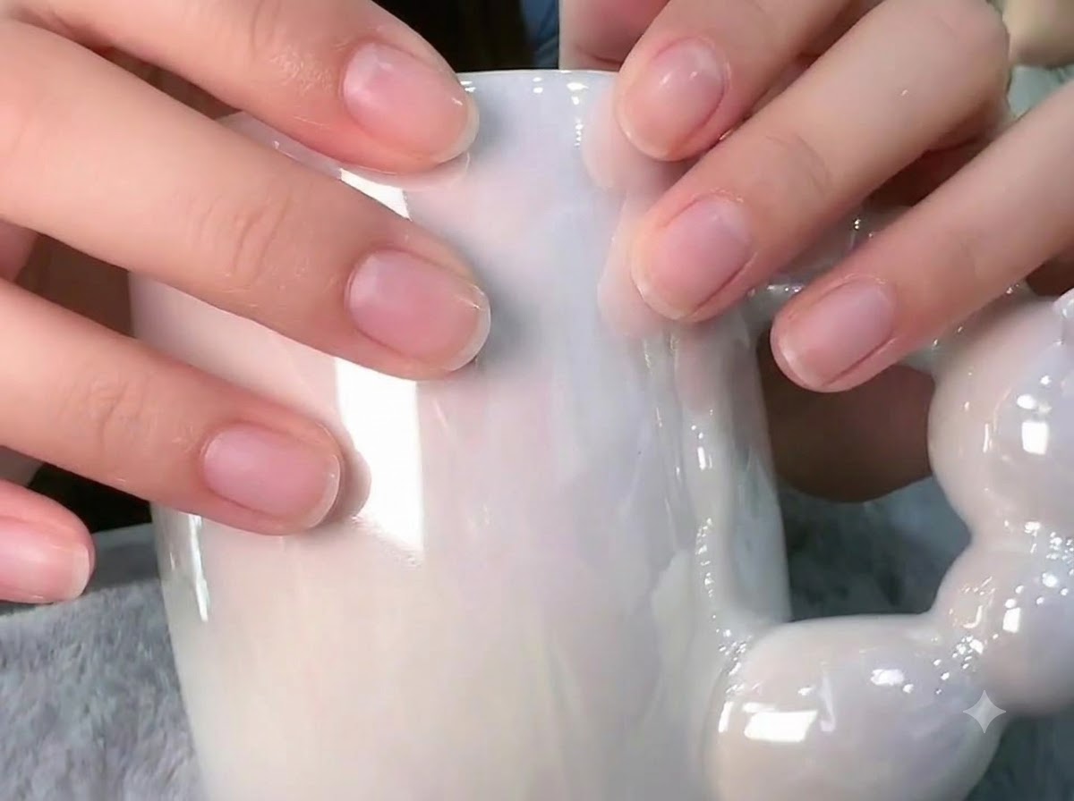 Vista de cerca de dedos sosteniendo una taza blanca con pedrería individual colocada cerca de las cutículas de las uñas.