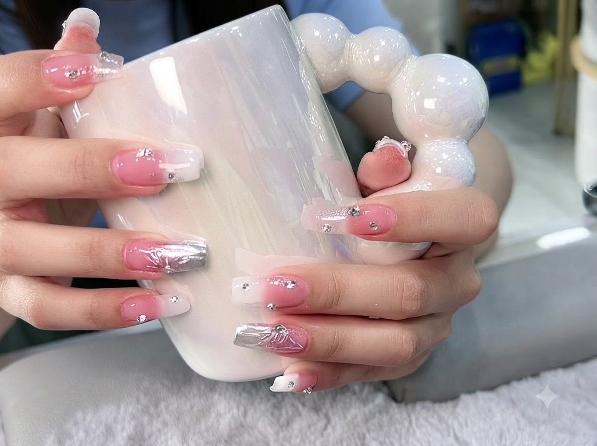 Manes descansando en el asa de una taza blanca mostrando un diseño de uñas uniforme con degradado y cristales.