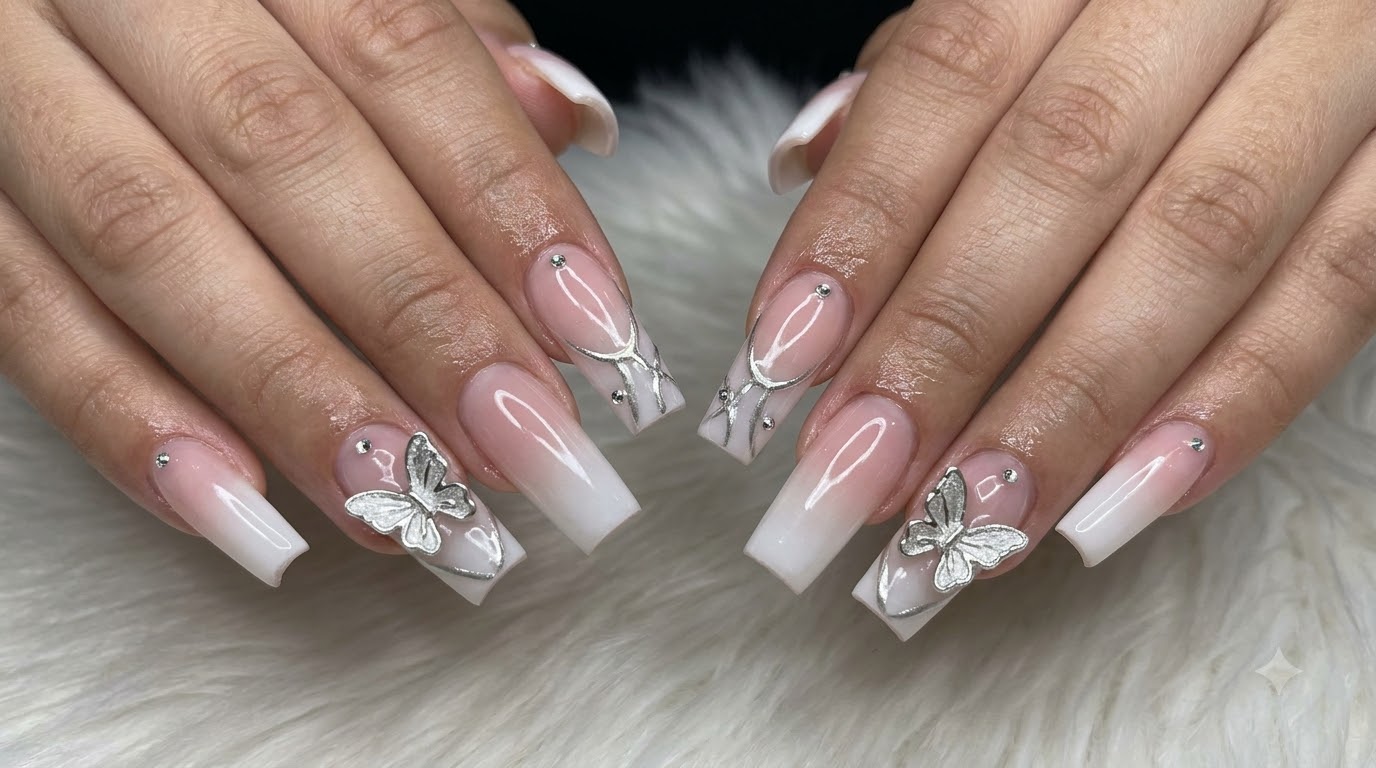 Uñas Lechosas en Degradado y Mariposas Plateadas 3D — Tutorial Paso a Paso
