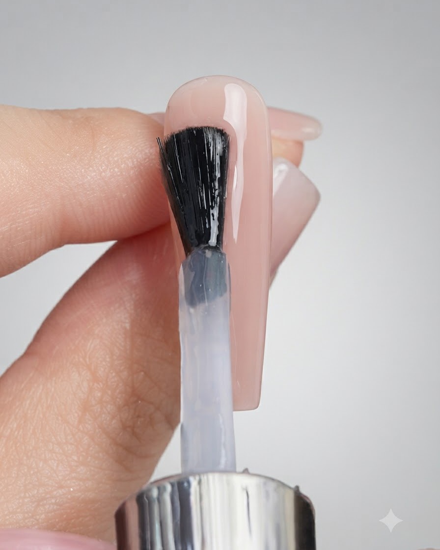 Un pincel aplicando una capa transparente de gel sellador sobre una uña esculpida con base gel nude.