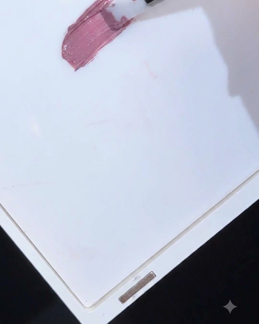 Un pincel extendiendo gel de color malva sobre una paleta de plástico blanca.