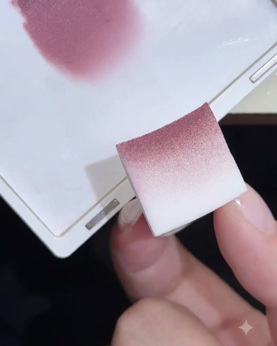 Una esponja de espuma mostrando un suave polvo degradado rosa y textura de gel después de ser trabajada en una paleta.
