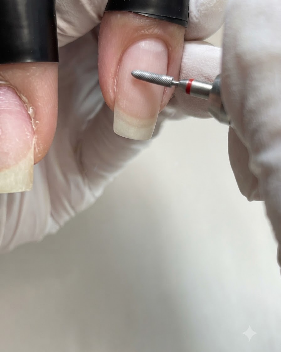 Una broca de diamante fina en forma de llama levantando la cutícula del lado izquierdo de la uña.