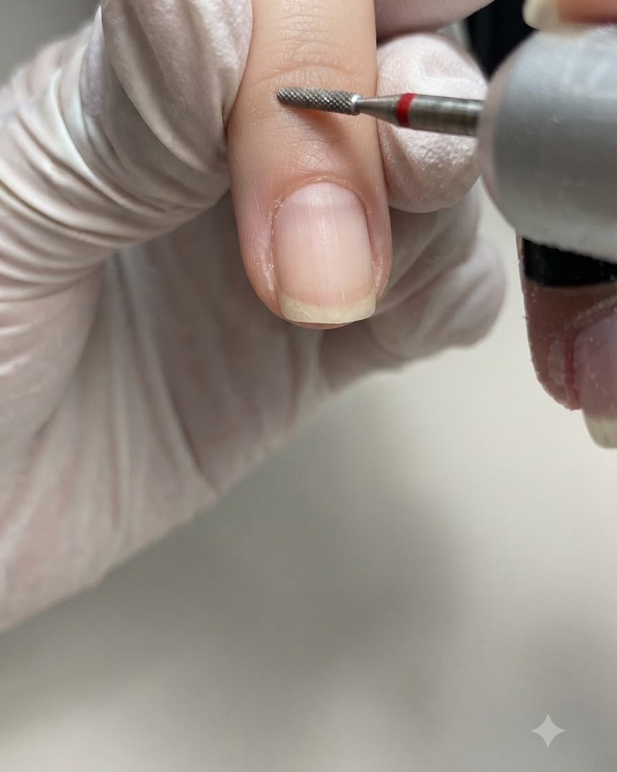 Una mano con guante sostiene un torno con una pequeña broca de diamante en forma de llama, limpiando cuidadosamente el bolsillo de la cutícula en el lado derecho de una uña natural sin pintar.