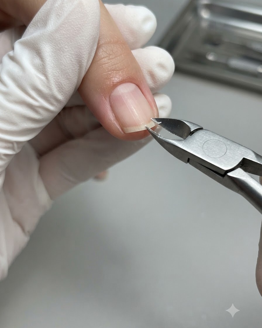Una mano con guante usando alicates de cutícula de metal afilados para recortar cuidadosamente la piel muerta blanca y seca a lo largo del lado derecho de la línea de la cutícula en una uña natural.