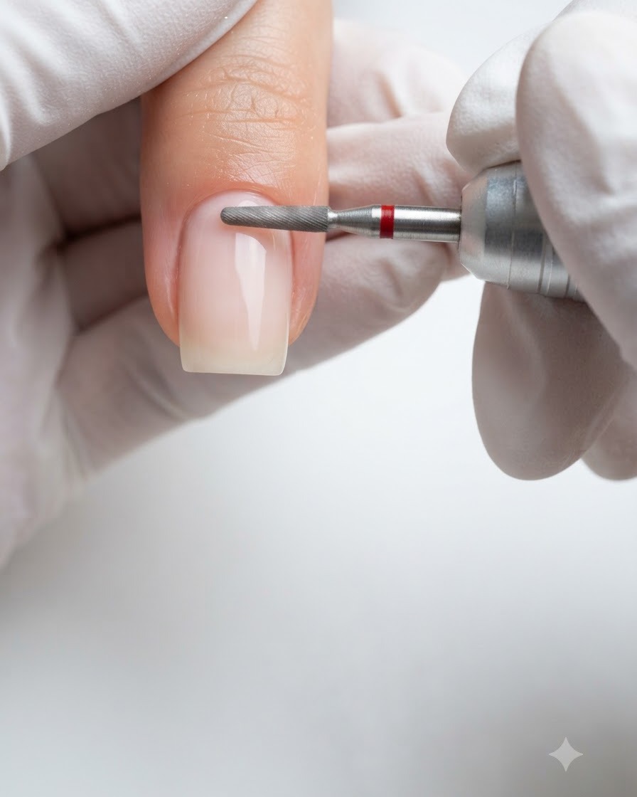 Un primer plano de un torno con una pequeña microbroca de diamante puliendo suavemente la piel alrededor del pliegue ungueal proximal de una uña natural preparada.