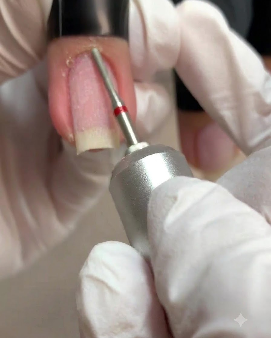 Una mano con guante usando un torno con una microbroca fina para pulir suavemente la piel seca en los pliegues laterales junto a una uña natural sin pintar.
