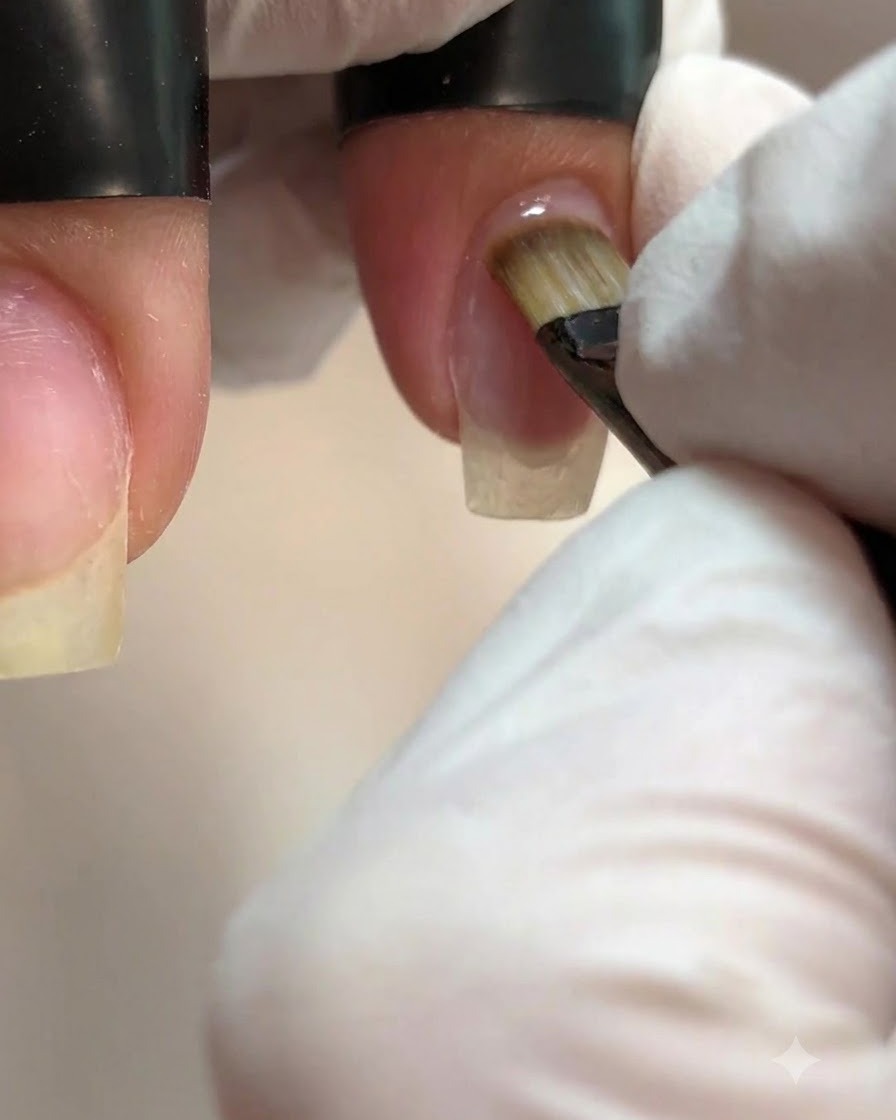 Un pincel de uñas aplicando gel base transparente sobre una placa ungueal natural.