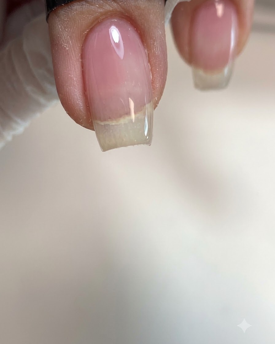 Un primer plano de una uña que muestra una gota gruesa de gel constructor transparente aplicada en el centro.