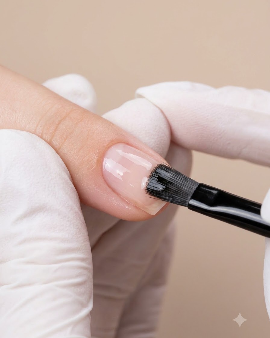 Un pincel de uñas esparciendo gel rosa nude por los laterales de una uña.