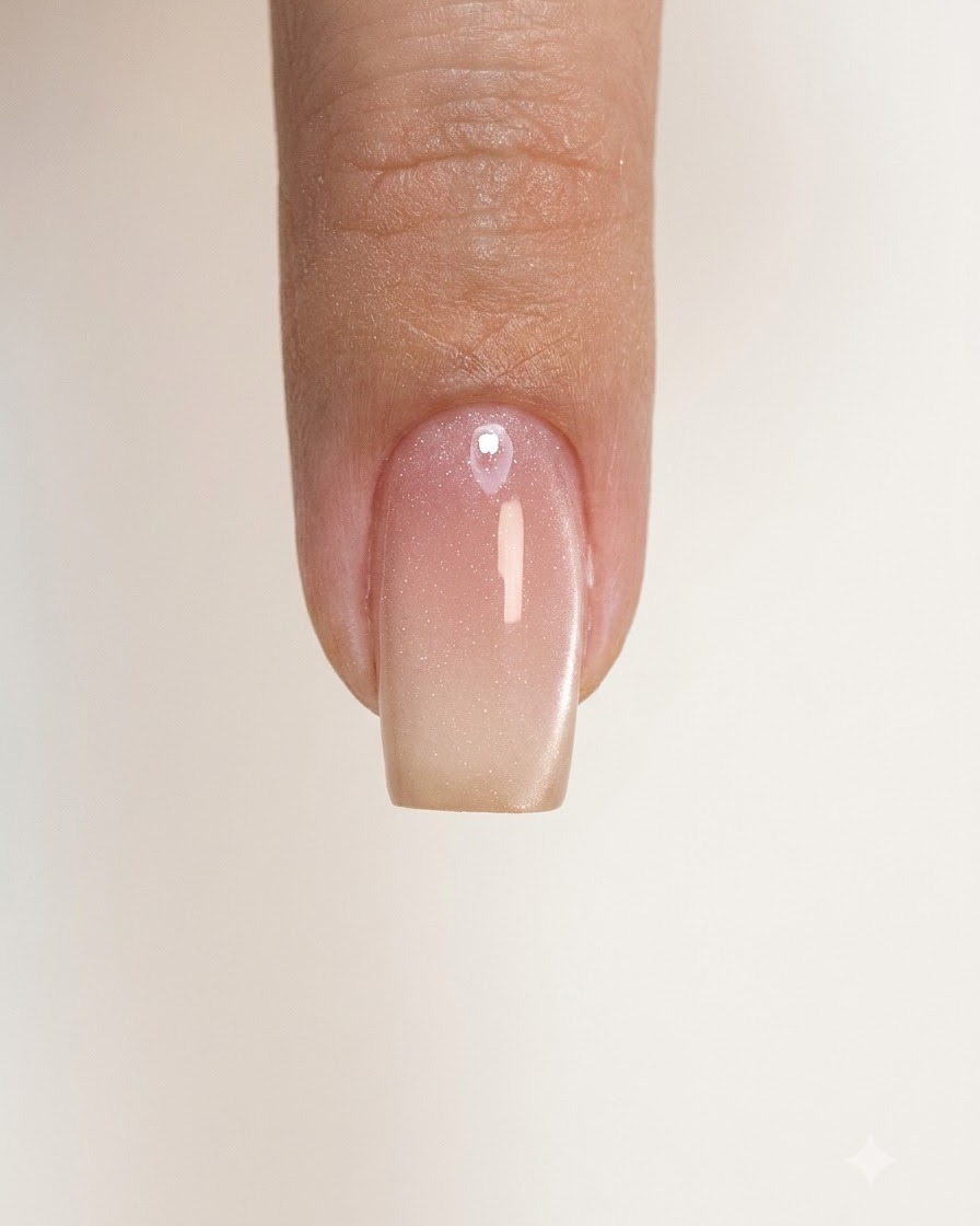 Una sola uña con un acabado de esmalte degradado rosa nude translúcido curado.