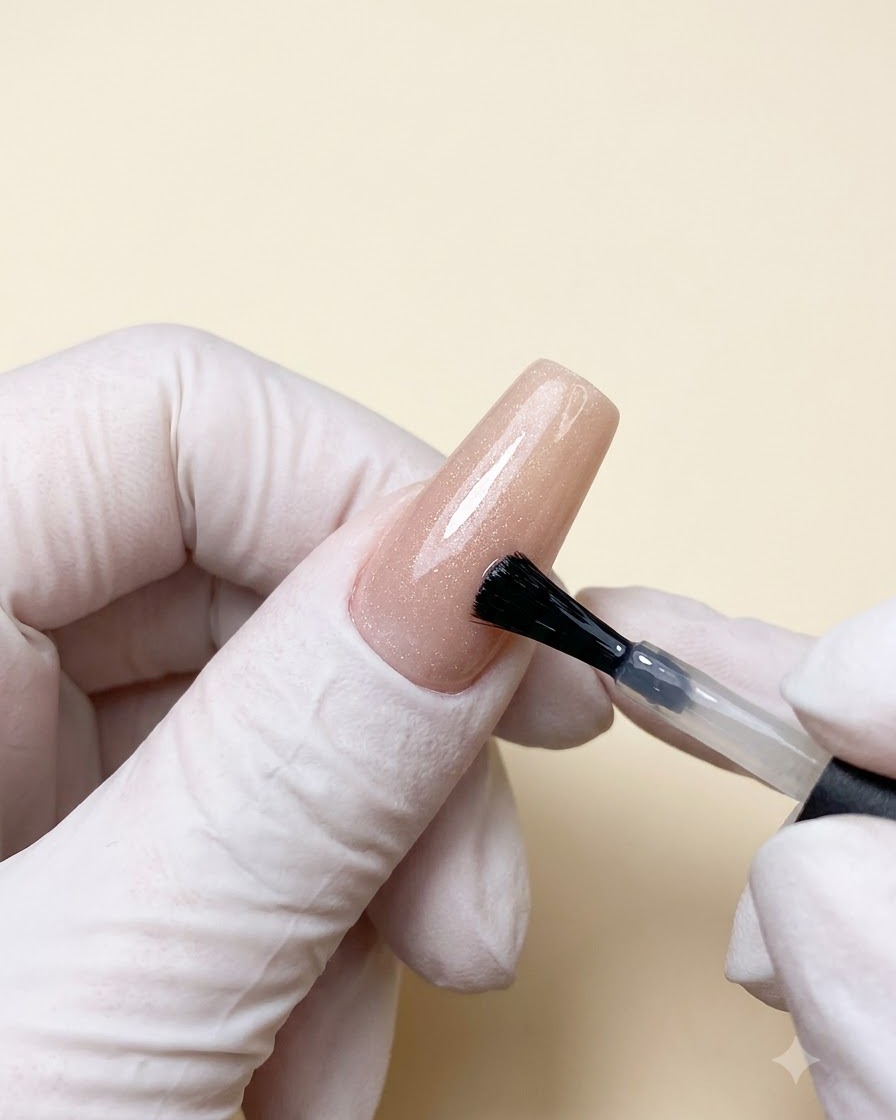 Un pincel aplicando esmalte de gel cat-eye magnético plateado sobre una base nude en una extensión de uña.