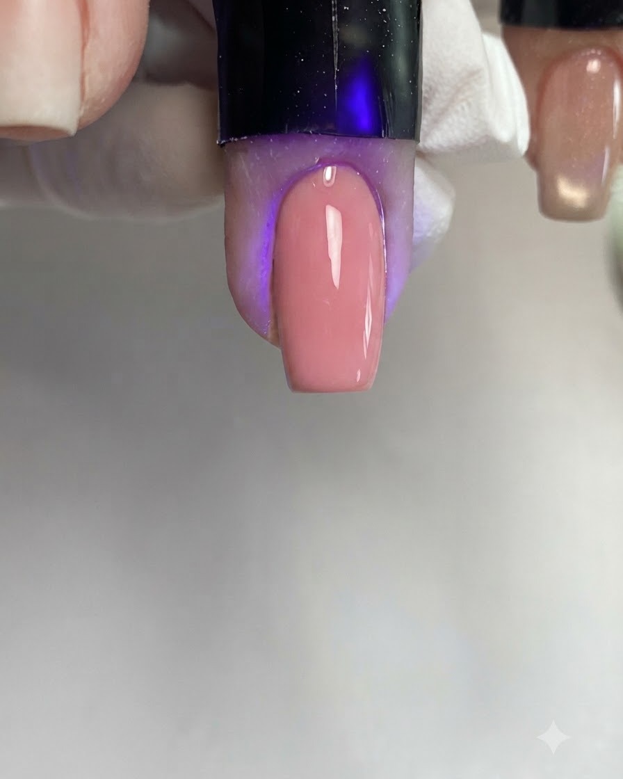 Un pincel aplicando una capa uniforme de gel cat-eye rosa en una uña de forma cuadrada bajo iluminación de salón.