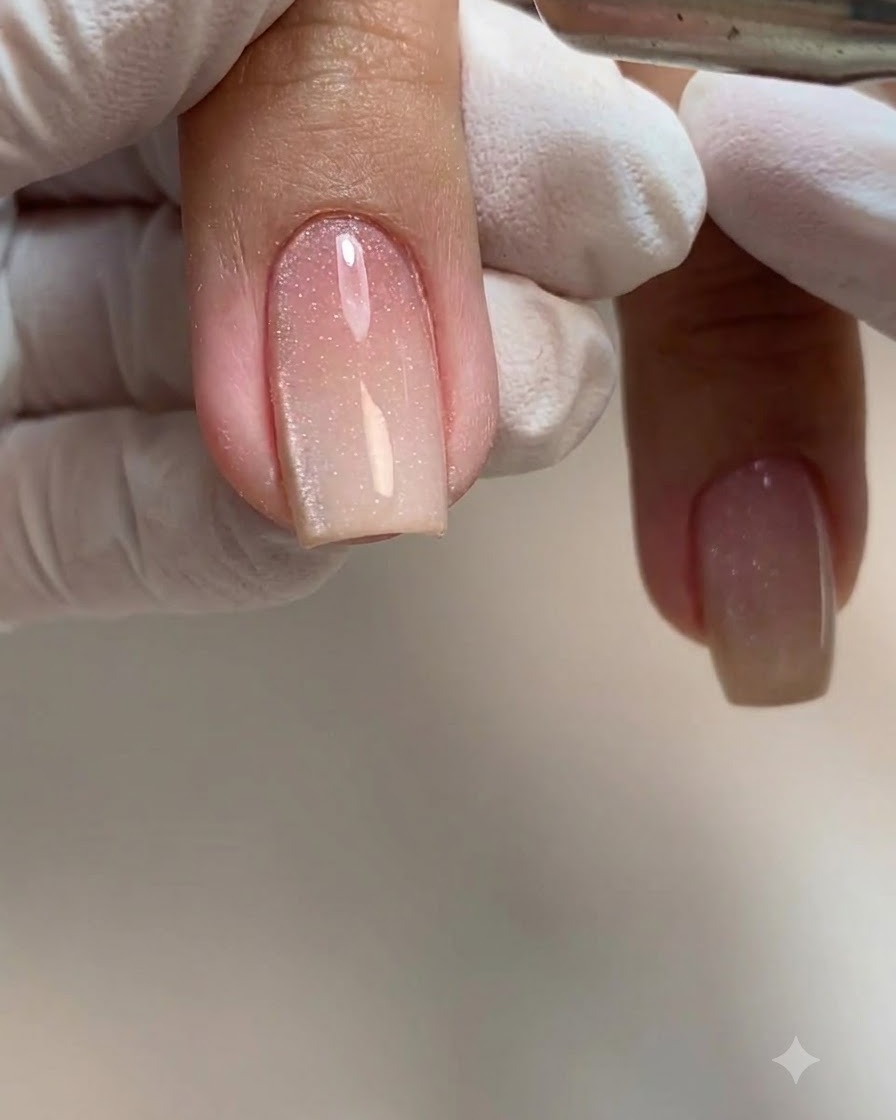 Un pincel delineador fino ajustando cuidadosamente el esmalte de gel húmedo cerca de la cutícula de un dedo con manicura.