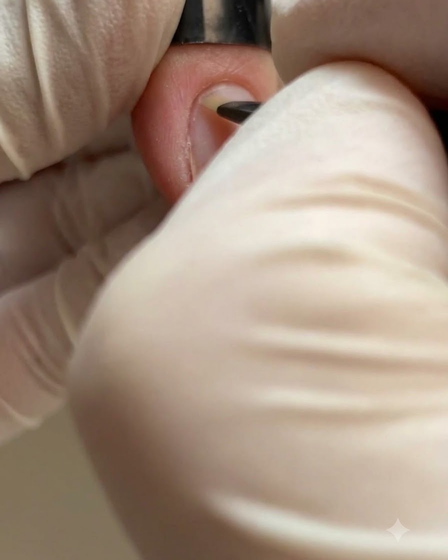 Un pequeño imán cilíndrico sostenido verticalmente cerca del borde de una uña de gel cat-eye para mover el brillo.