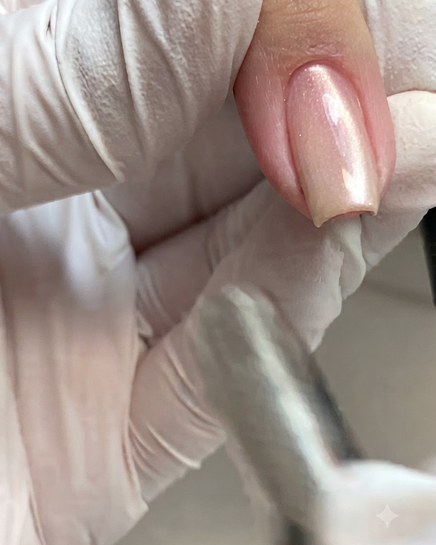Una mano ajustando una herramienta cerca de una uña de gel cat-eye brillante para perfeccionar el reflejo de luz.