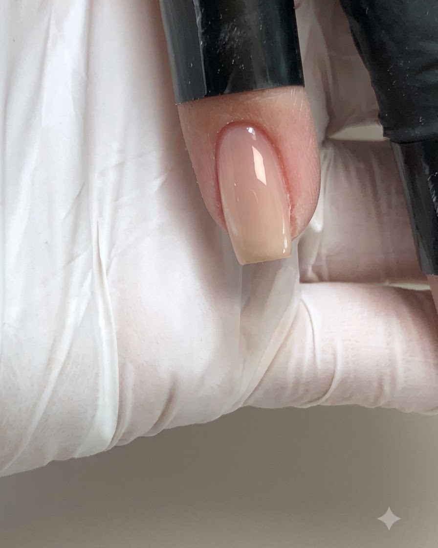 Una vista de primer plano de un dedo con una uña de gel nude brillante terminada siendo colocada bajo una lámpara de curado UV/LED rosa.