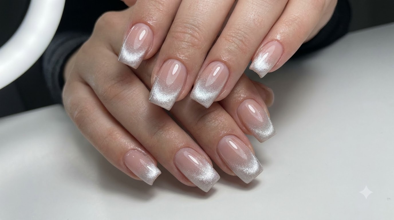 Uñas Rosa Nude con Degradado Cat-Eye Plateado — Tutorial Paso a Paso