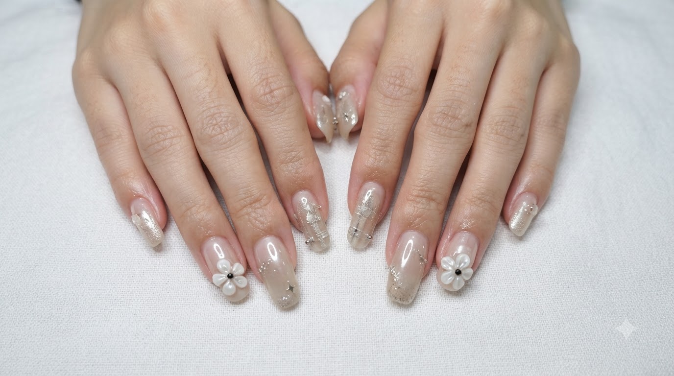 Uñas de Degradado Lechoso Blanco Perla y Detalles de Perlas