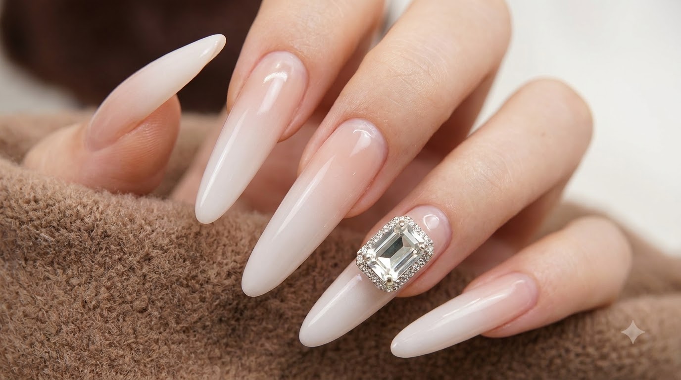 Uñas Ombré Blanco Lechoso con Pedrería — Tutorial Paso a Paso