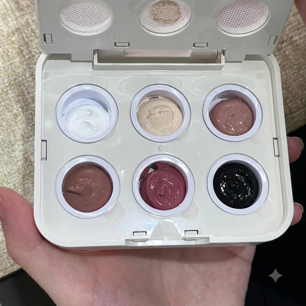 Una persona sosteniendo una paleta abierta de seis colores de gel sólido, incluyendo blanco, rosa, rojo y negro.
