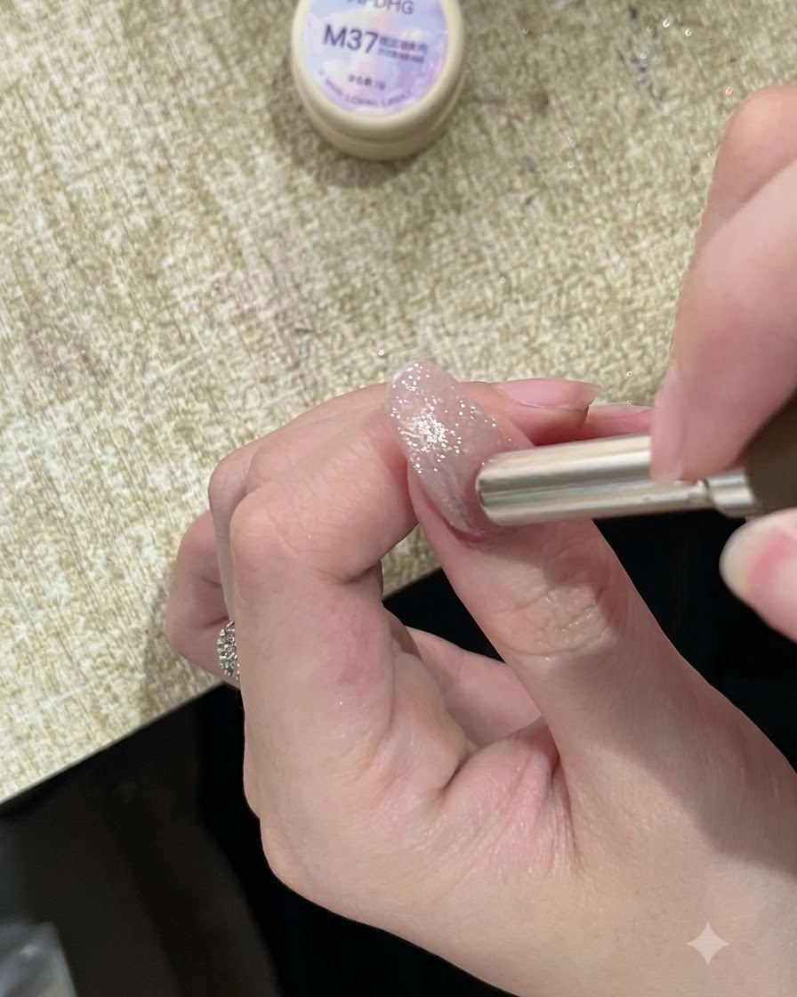Un imán cilíndrico sostenido cerca de la cutícula de una uña brillante, dirigiendo el destello magnético hacia arriba.