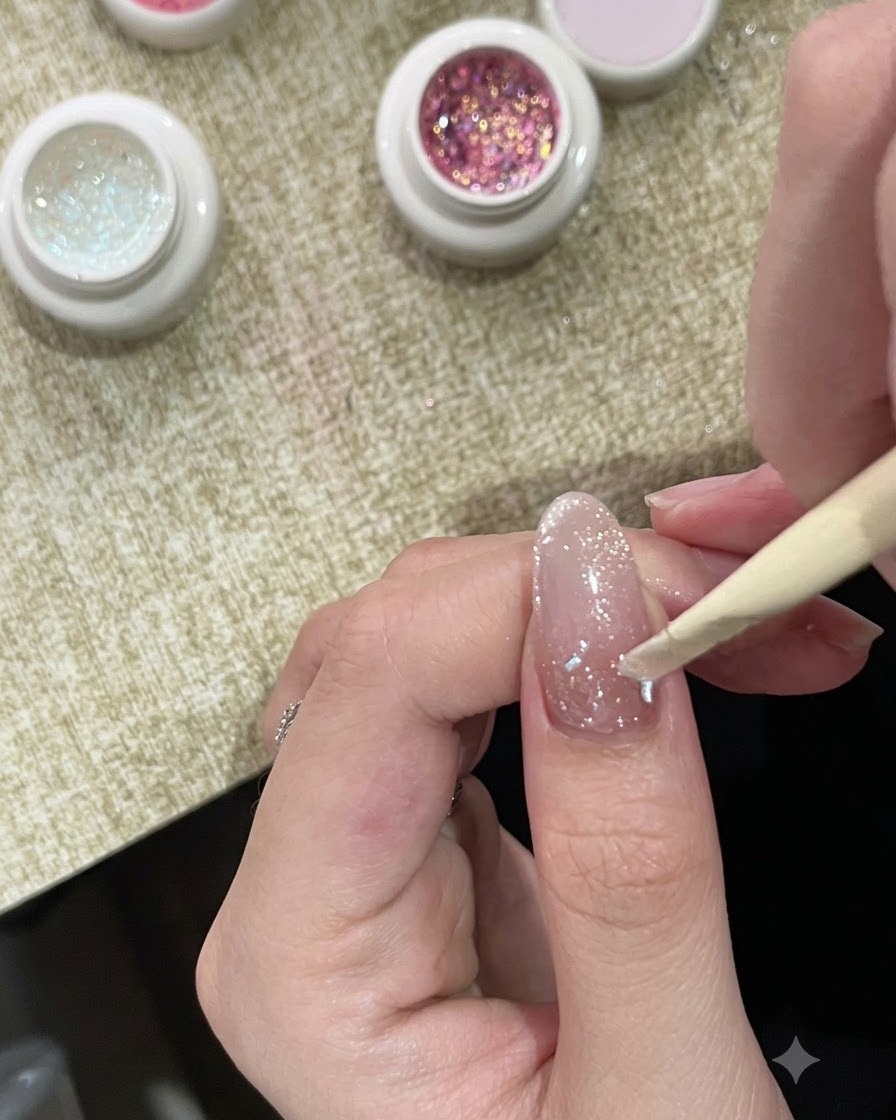 Un palito de naranjo colocando gel burbuja blanco y brillante cerca de la zona de la cutícula de una uña pintada.