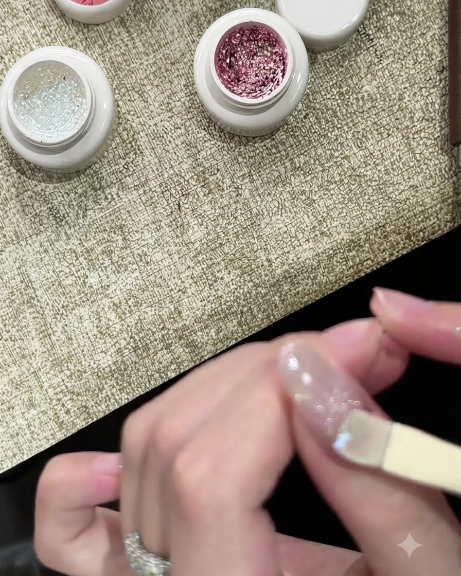Una mano curando la capa de gel burbuja blanco brillante bajo una lámpara de uñas.