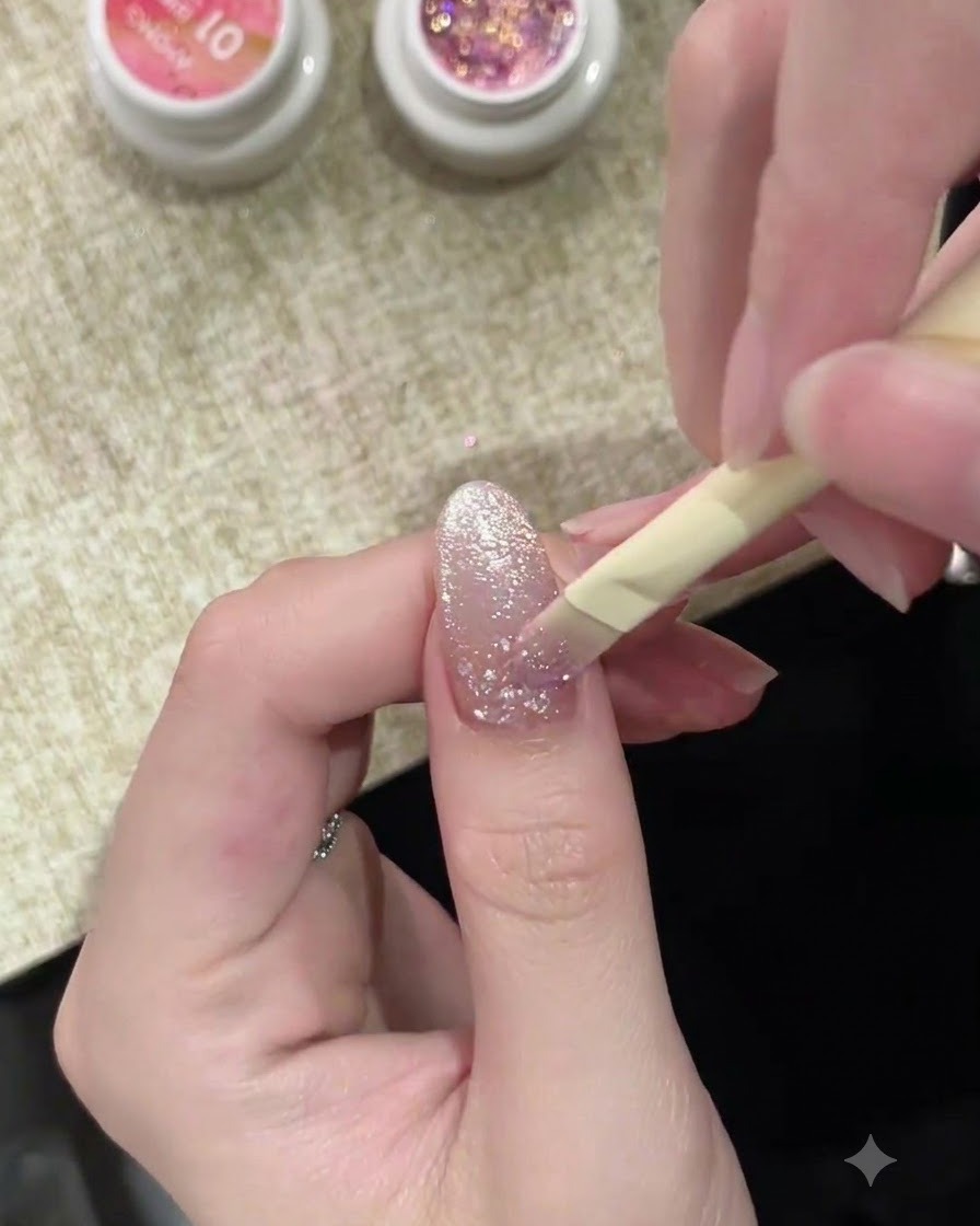 Un pincel para uñas aplicando delicadamente un gel rosa translúcido sobre la base texturizada de burbujas en la uña.